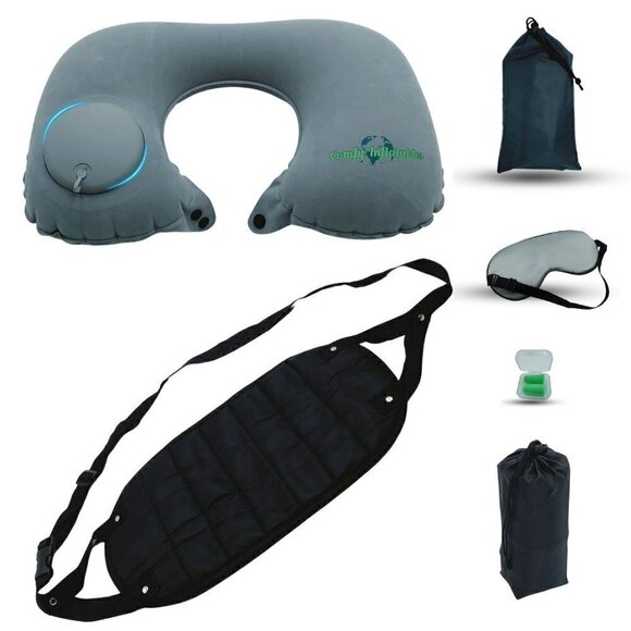 Travel Neck Pillow Self-Inflatable with Silk Eye Mask, Foot Rest Hammock‎ Bundle - Picture 1 of 8
